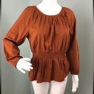Rust // Brown // Peplum Linen Bishop 3/4 Sleeve Blouse Top